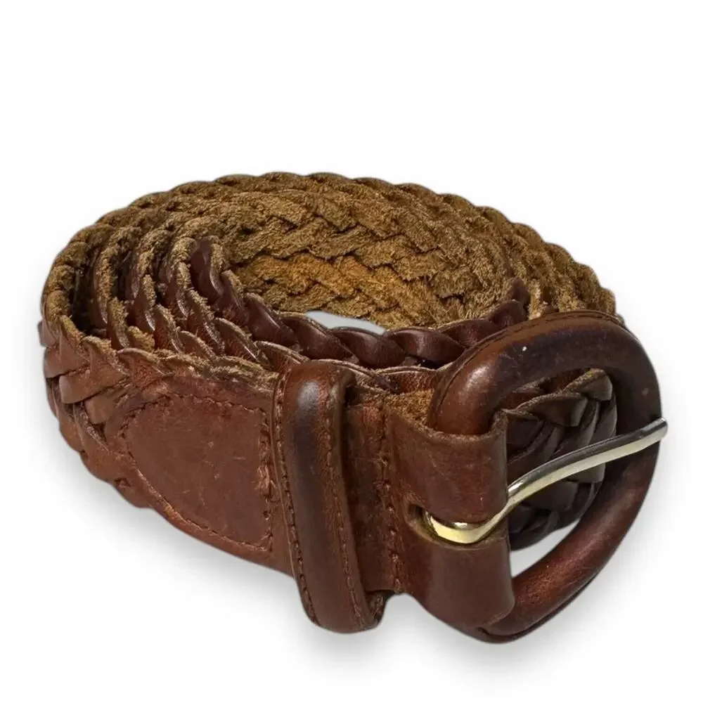 Vintage Braided Leather Belt Brown Leather Buckle Oil Tanned Cowhide Mens 38-95